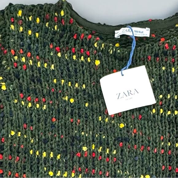 Zara Green Chenille Sweater With Red/Yellow Detail Small - Picture 6 of 16